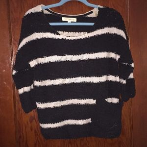 Striped 3 quarter sleeve crochet knit sweater